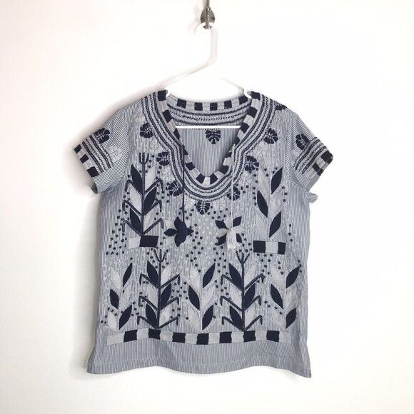 Womens Pullover Tunic Embroidered Gray Blue/Black Shirt Blouse See Measurements - Picture 1 of 12